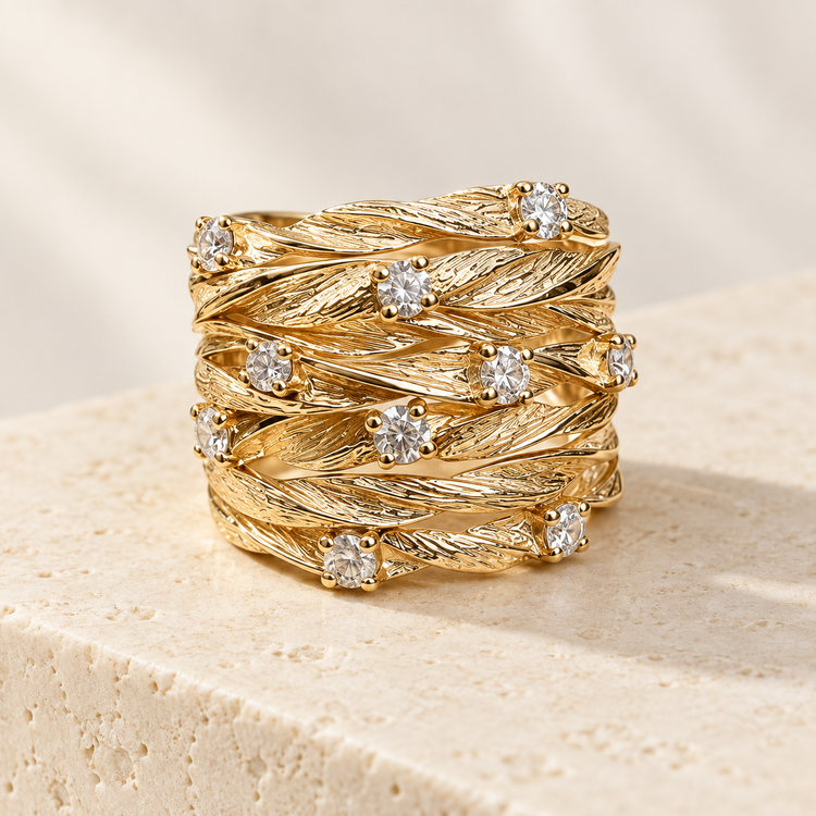 Feuille gold-tone textured leaf wrap ring