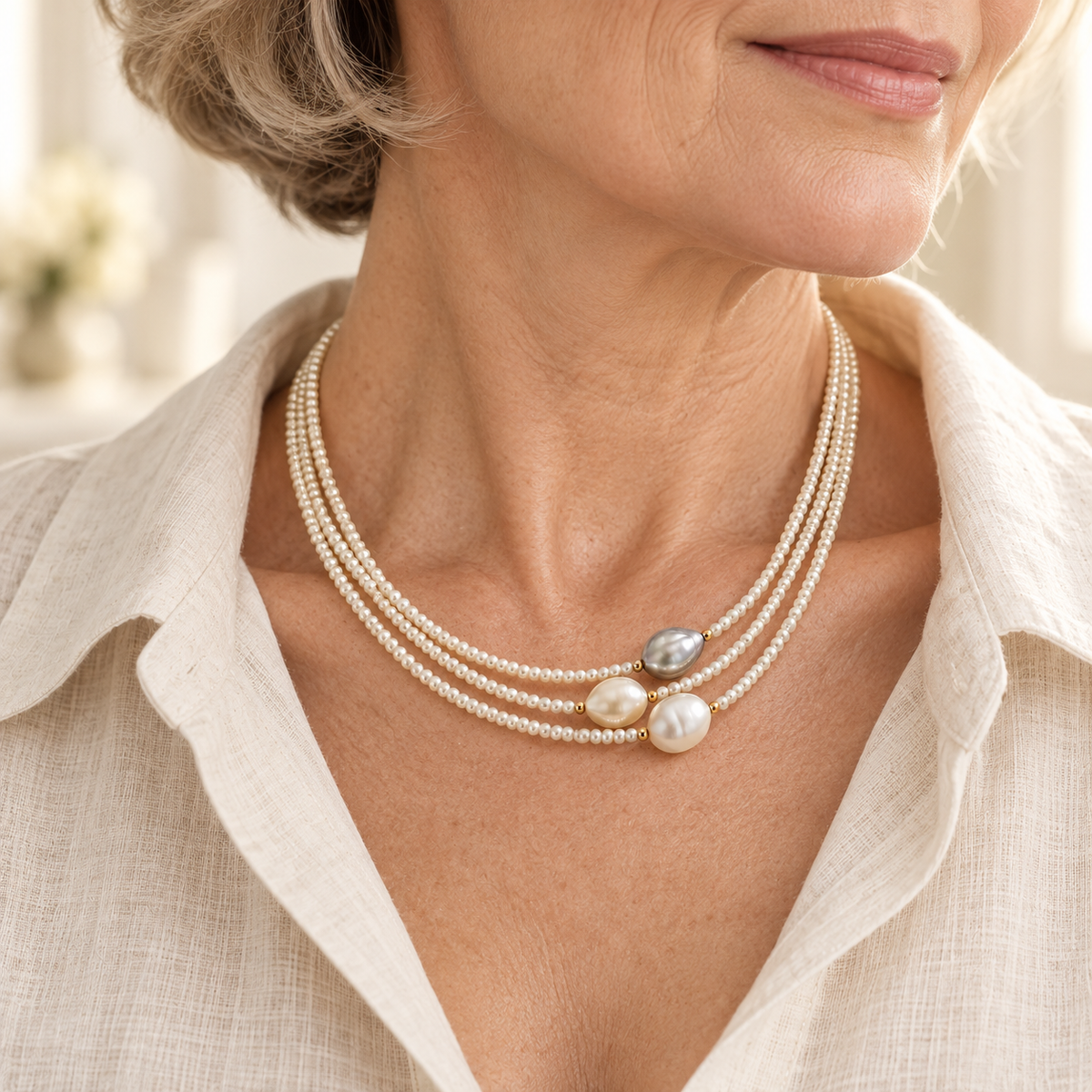 Rivière pearl necklace worn by a mature woman
