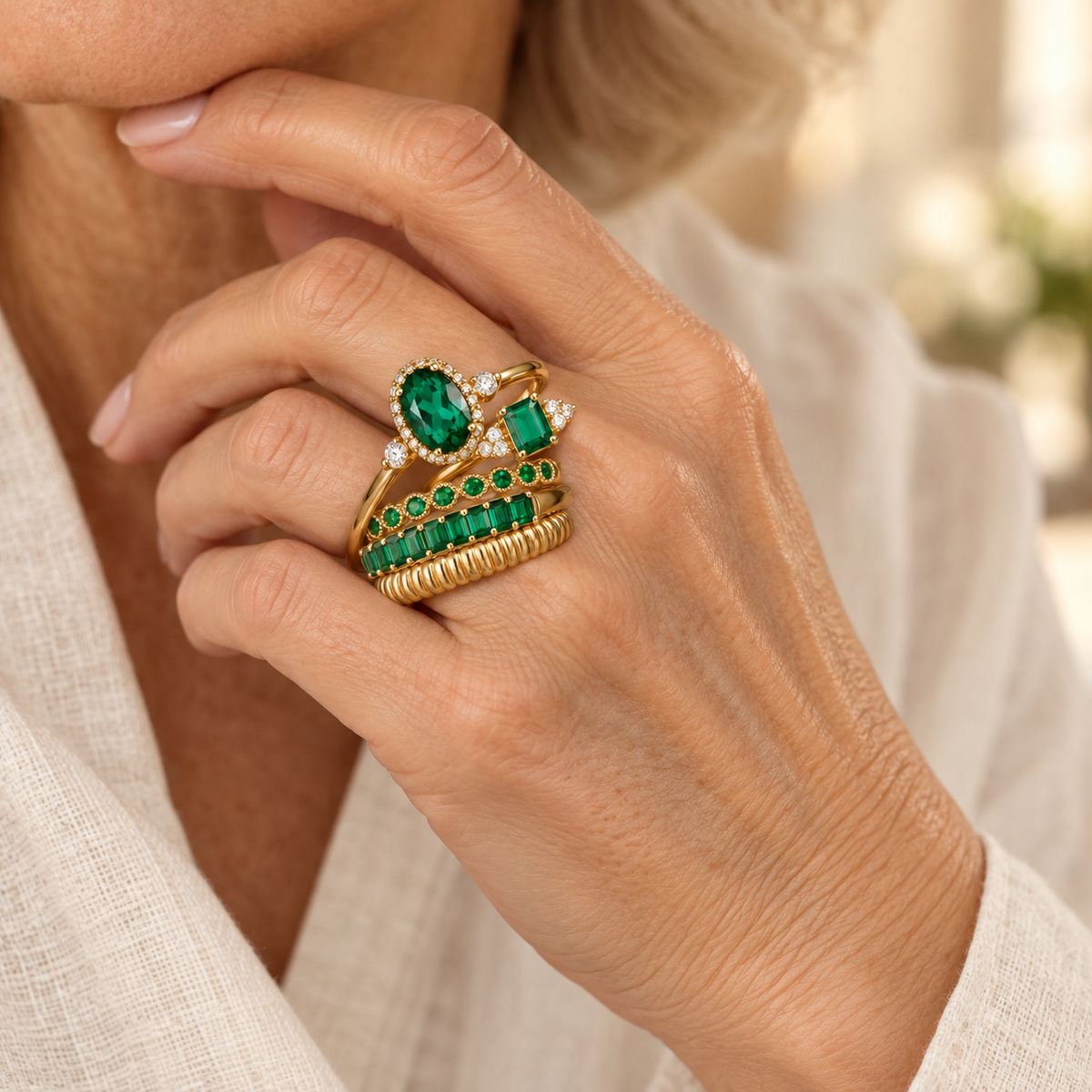 Émeraude ring stack worn by a mature woman