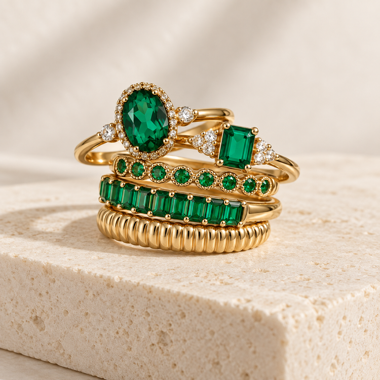 Émeraude five-piece green crystal ring stack