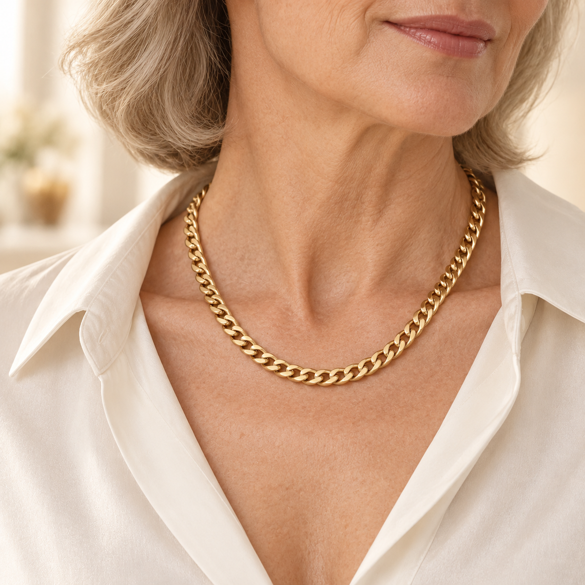 Paris curb chain worn by a mature woman