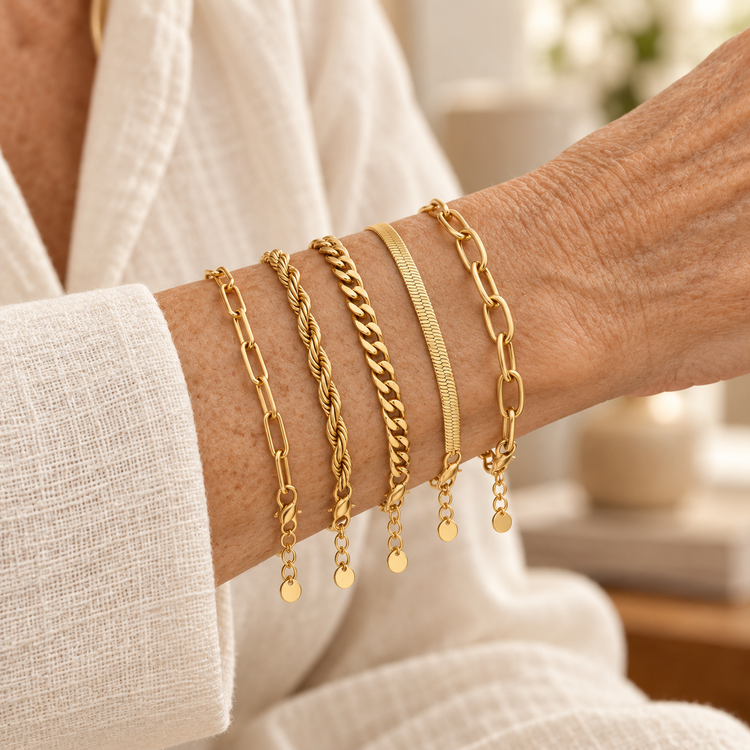 Galerie layered bracelet set worn by a mature woman